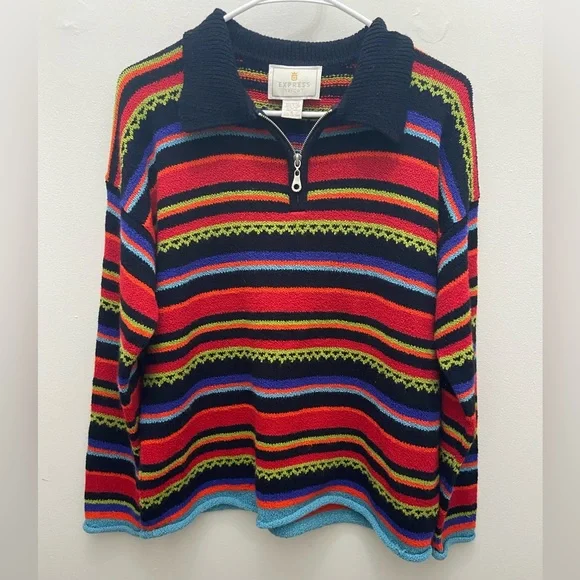 Vintage Express Tricot Sweater Striped Quarter Zip - Picture 1 of 4